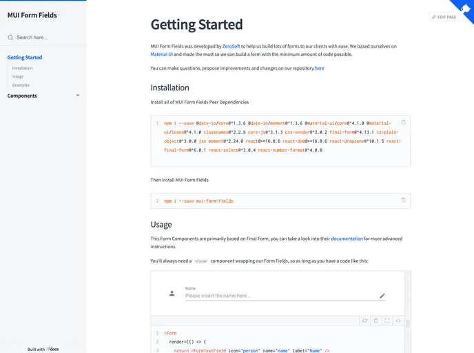 screenshot of Mui Form Fields