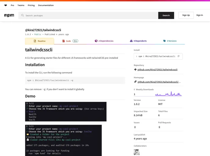 screenshot of Tailwindcsscli