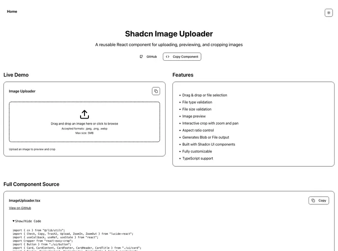 screenshot of Shadcn Image Uploader