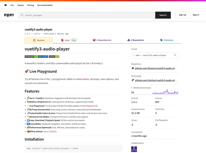screenshot of Vuetify3 Audio Player