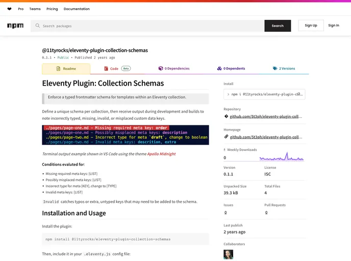 screenshot of Eleventy Plugin Collection Schemas