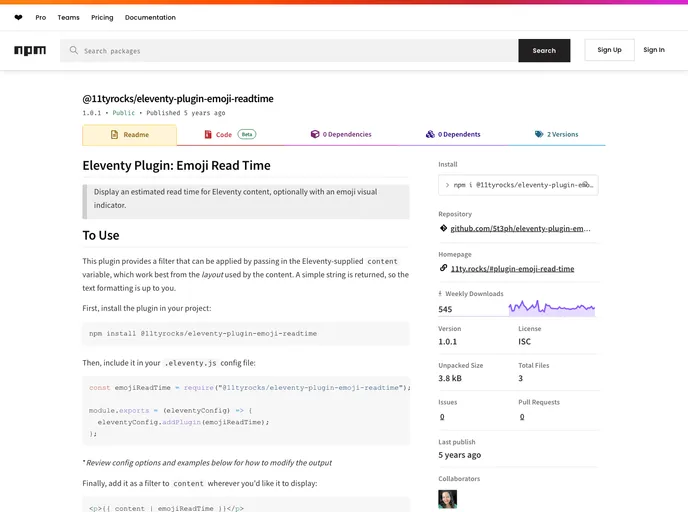 screenshot of Eleventy Plugin Emoji Readtime