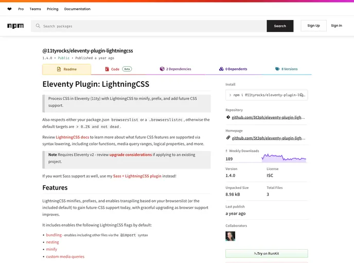 screenshot of Eleventy Plugin Lightningcss