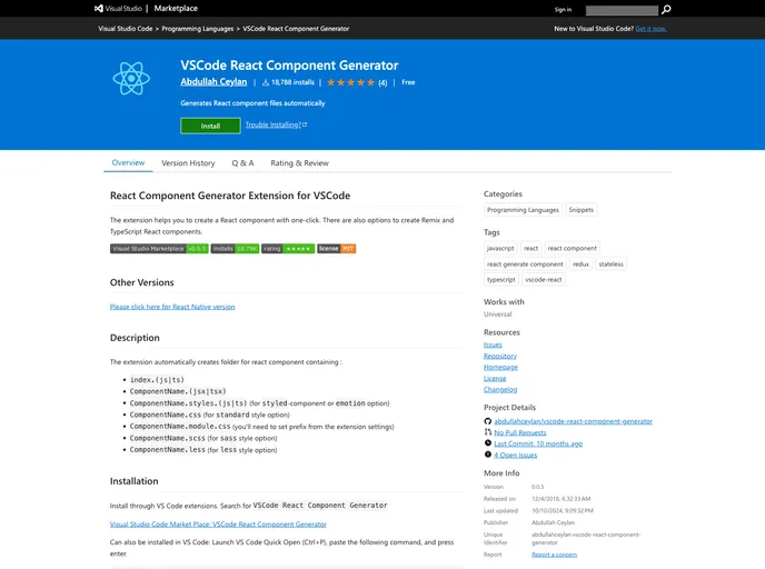 screenshot of Vscode React Component Generator
