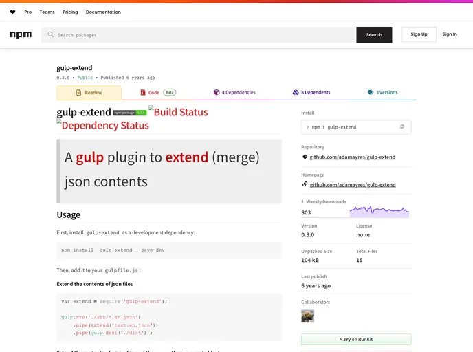 screenshot of Gulp Extend