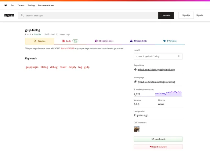 screenshot of Gulp Filelog