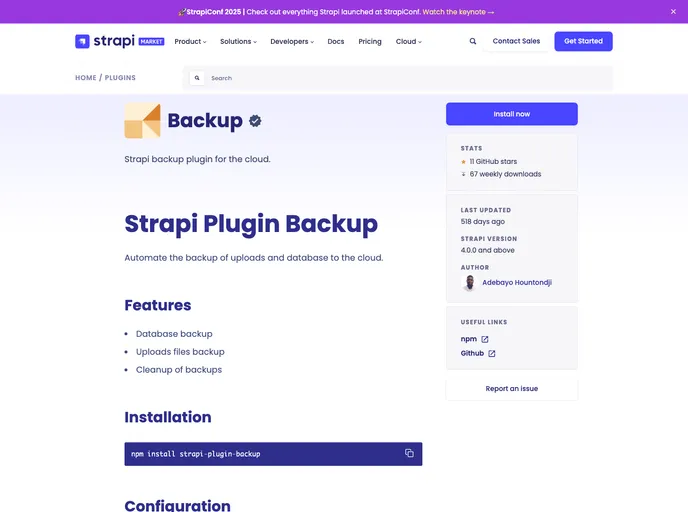 screenshot of Strapi Plugin Backup