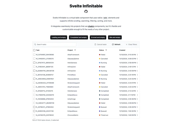 screenshot of Svelte Infinitable
