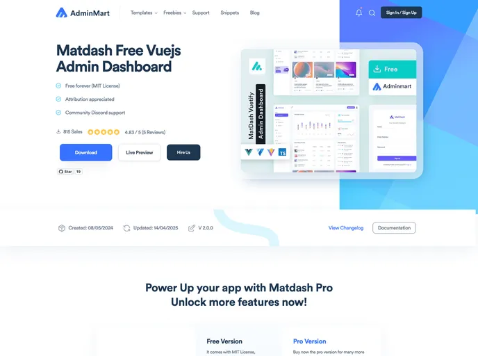 screenshot of Matdash Vuetify Free