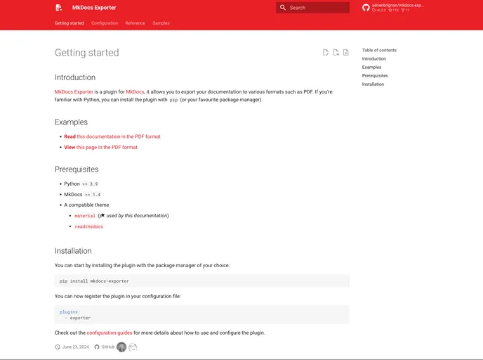 screenshot of Mkdocs Exporter