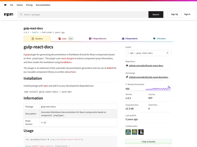 screenshot of Gulp React Docs