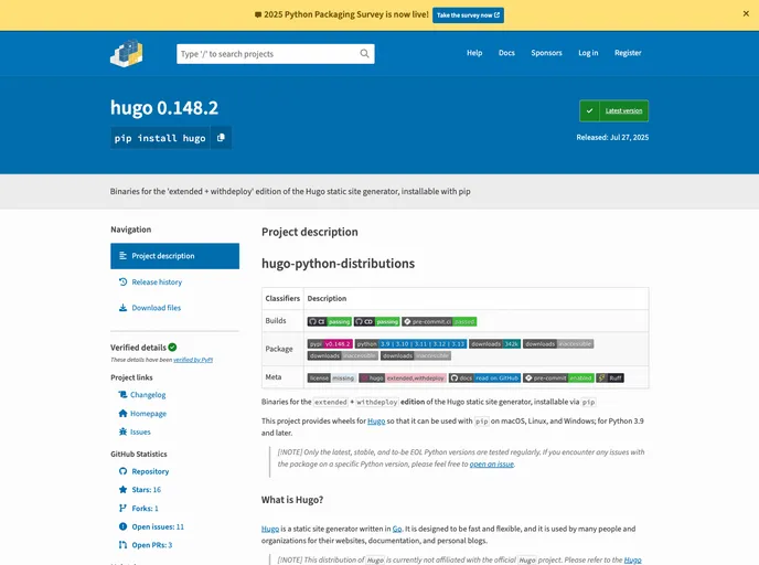 screenshot of Hugo Python Distributions