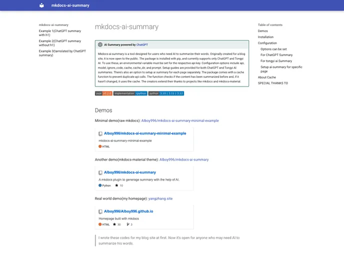 screenshot of Mkdocs AI Summary