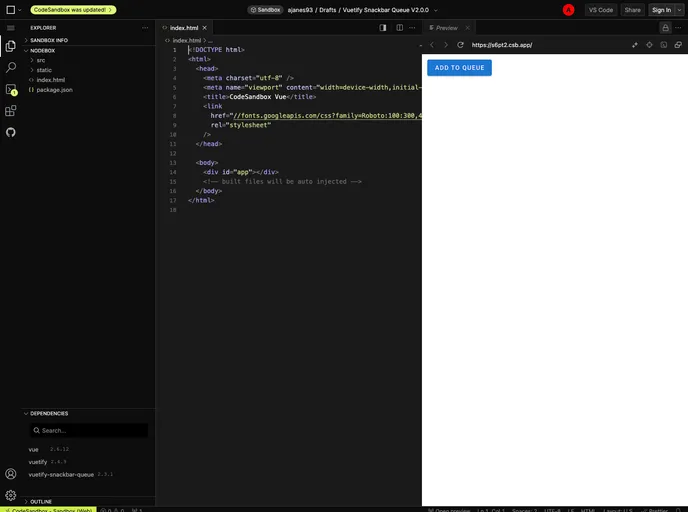 screenshot of Vuetify Snackbar Queue
