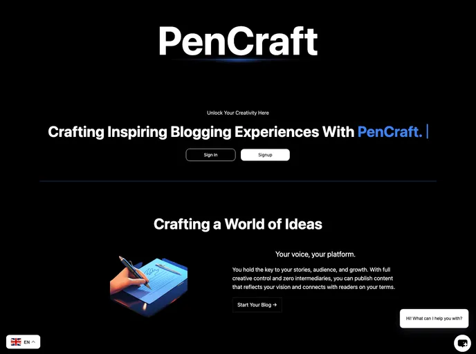 screenshot of PenCraft Full Stack Blogging Application