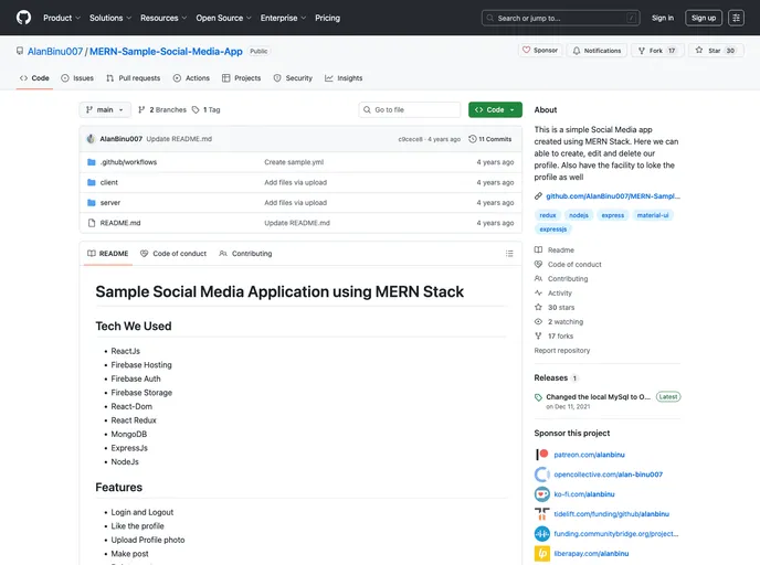 screenshot of MERN Sample Social Media App