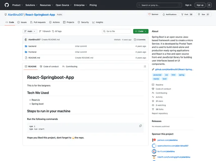 screenshot of React Springboot App