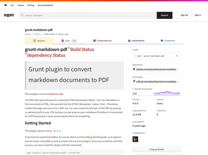 screenshot of Grunt Markdown Pdf