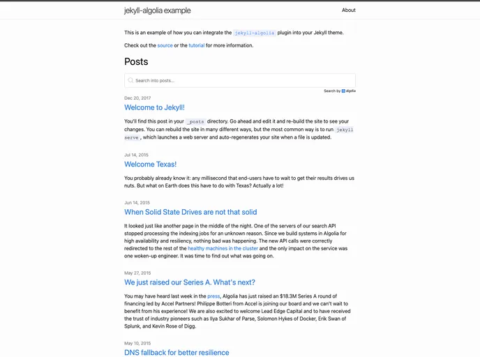 screenshot of Jekyll Algolia Example
