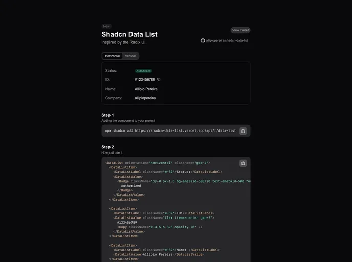 screenshot of Shadcn Data List