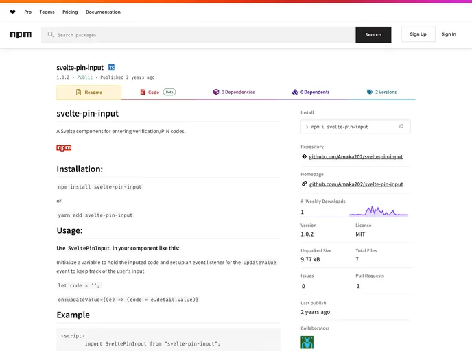 screenshot of Svelte Pin Input