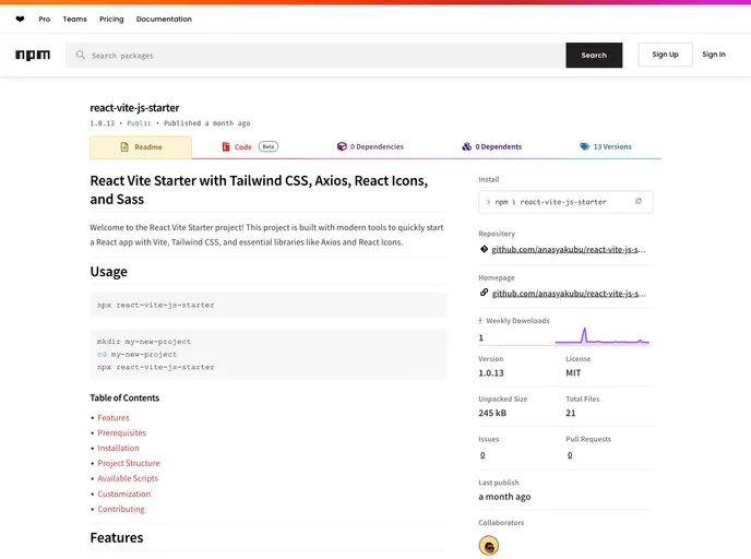 screenshot of React Vite Js Starter