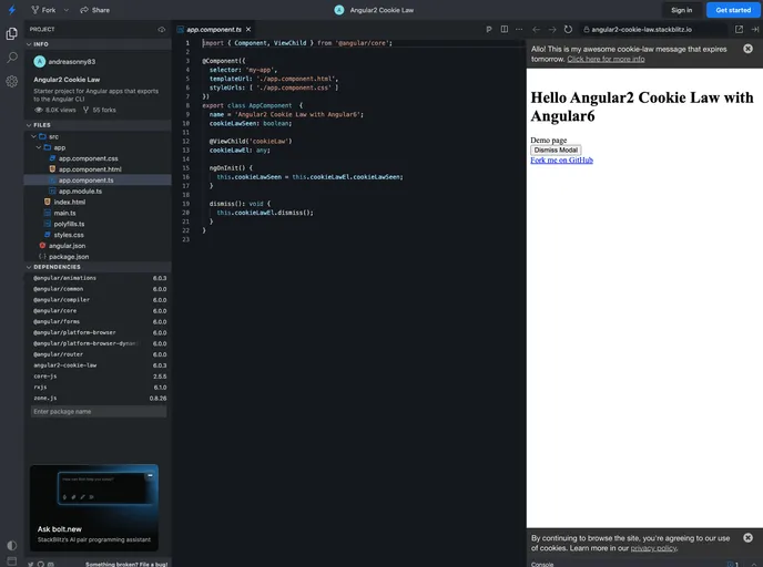 screenshot of Angular2 Cookie Law