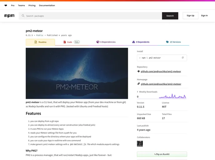 screenshot of Pm2 Meteor