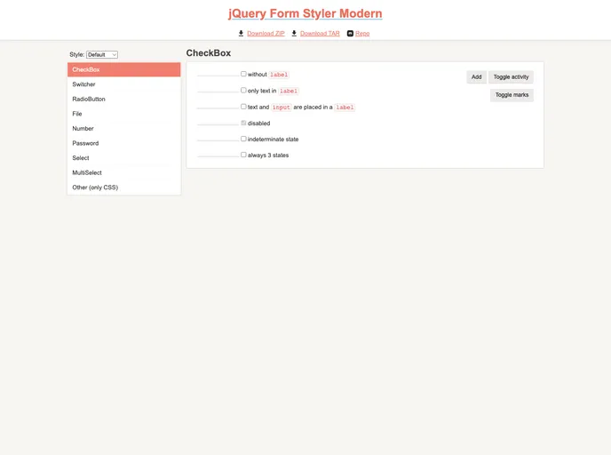 screenshot of JQueryFormStyler Modern