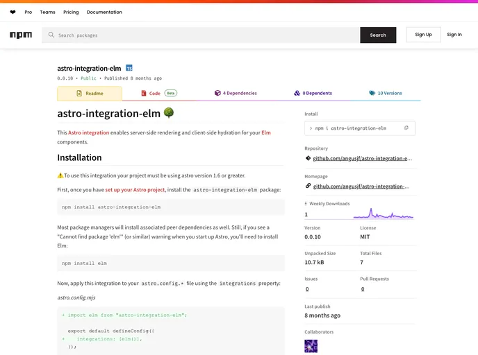 screenshot of Astro Integration Elm