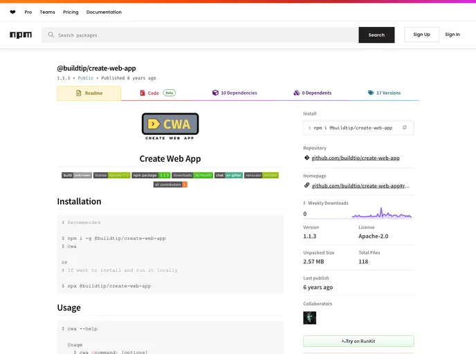 screenshot of Create Web App