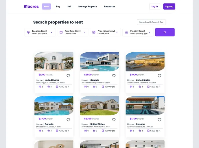 screenshot of 91acres Real Estate Website