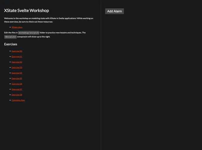 screenshot of Xstate Svelte Workshop