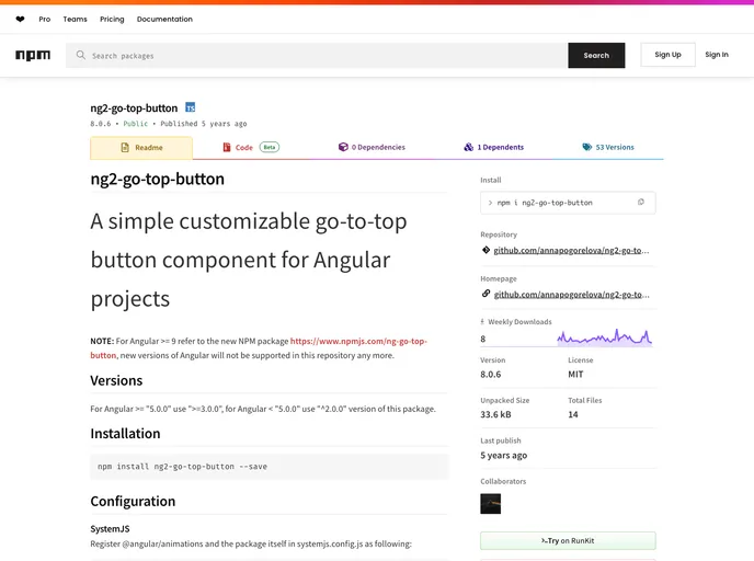 screenshot of Ng2 Go Top Button