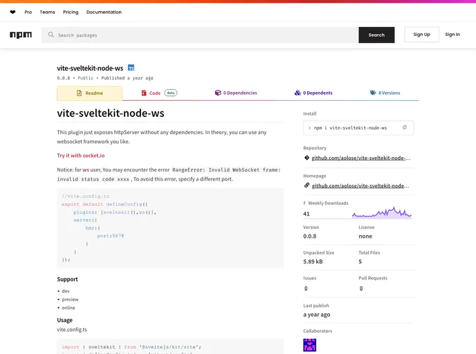 screenshot of Vite Sveltekit Node Ws