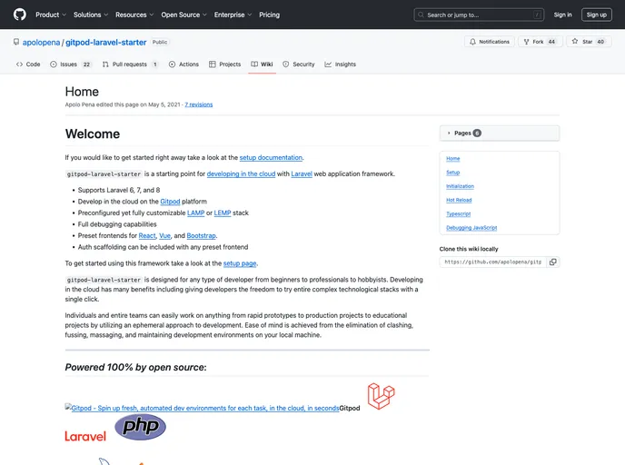 screenshot of Gitpod Laravel Starter