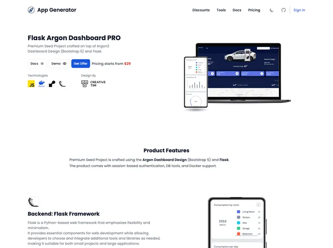 screenshot of Flask Dashboard Argon Pro