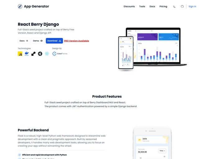 React Berry Dashboard Django screenshot