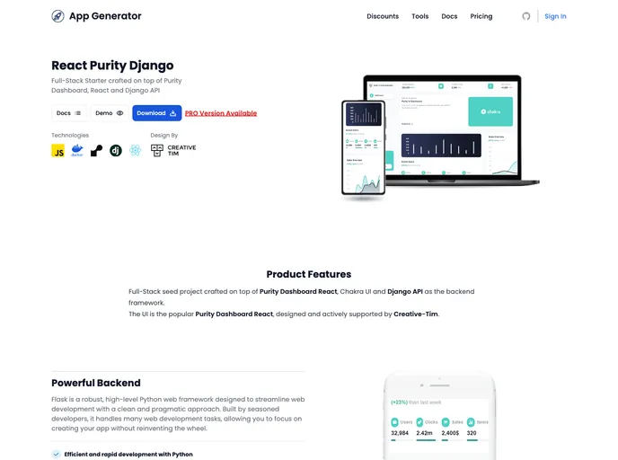 screenshot of React Purity Django