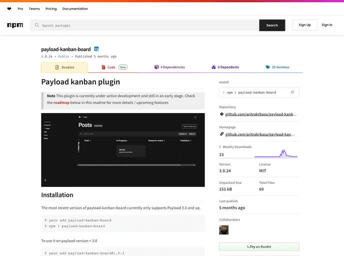 screenshot of Payload Kanban Board