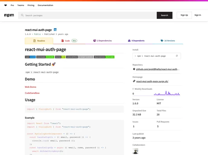 screenshot of React Mui Auth Page