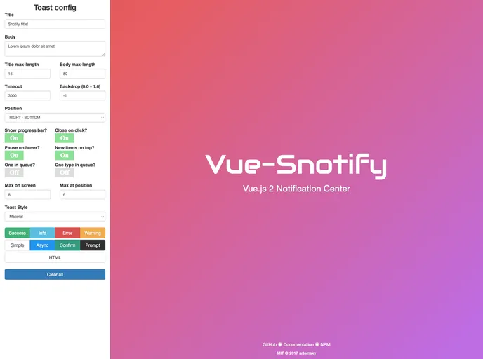 screenshot of Vue Snotify