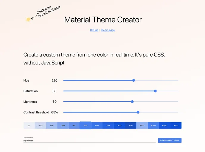 screenshot of Material Theme Creator