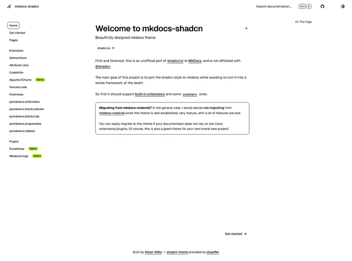 screenshot of Mkdocs Shadcn