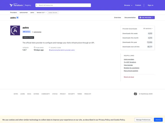 screenshot of Terraform Provider Astro