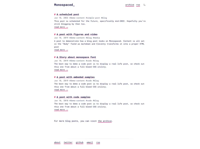 screenshot of Eleventy Blog Monospaced