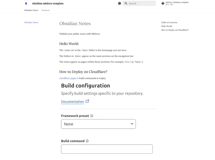 screenshot of Mkdocs Obsidian Template