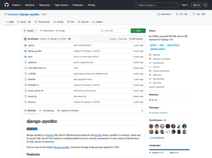 screenshot of Django Pyodbc