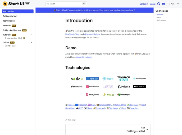 Start UI Web Docs screenshot