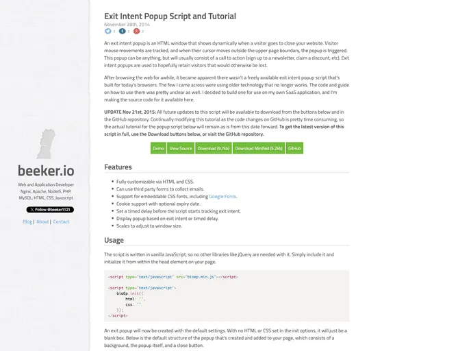 screenshot of Exit Intent Popup